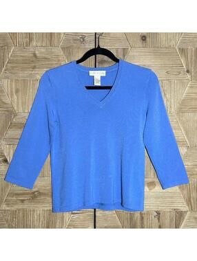 Doncaster Womens Small V-Neck Sweater Royal Blue Knit Pullover Luxury Minimalist
